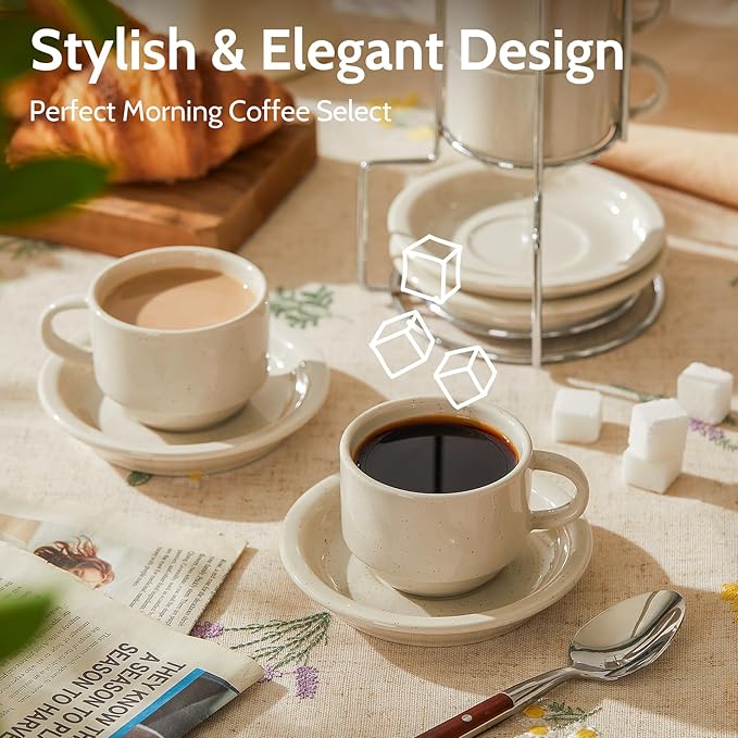 Sweese Porcelain Espresso Cups Set, 2.5 oz, with Saucers, Metal Stand, Stackable - Dove Grey, 4 Pack