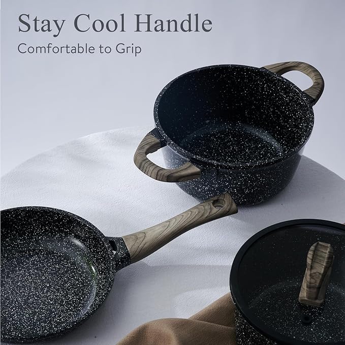 Ceramic Cookware Set 22 Piece Nonstick Pots and Pans Set Non Stick Kitchen Cooking Sets 8"Frying Pans with Lid,Black Granite Non-Toxic Induction Kitchen Cookware w/Glass Lids PFOS/PFOA-Free