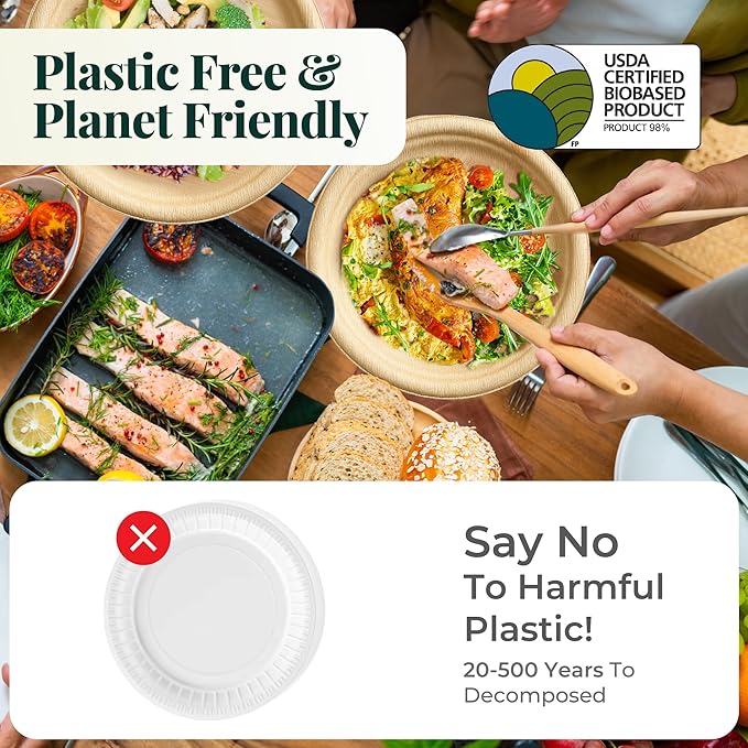 Palm Leaf Plates 10 Inch Bamboo Paper Disposable 50 Bulk Dinner Round Party Plates Event Tableware Eco Biodegradable Compostable Wooden Plate Best Alternative to Plastic Plate