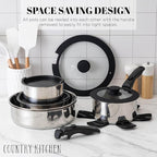 Country Kitchen Cookware Set with Removable Handle, Oven & RV Safe Pots and Pans Set, Stainless Steel, Original