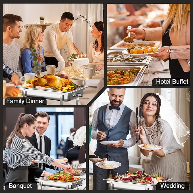 MEEZY 4 Pack 9QT Chafing Dish Buffet Set, Stainless Steel Buffet Chafers with Full Size, Half Size, Size Pan Foldable Catering Food Warmer for Wedding Banquet Catering Party
