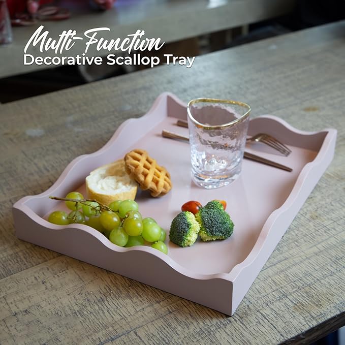 Wooden Scallop Serving Tray - for Coffee Table, Breakfast, Dinner Kitchen Living Room Bedroom, and Home Decor for All Occasions (Pastel Musk Mist, Combo S+M)