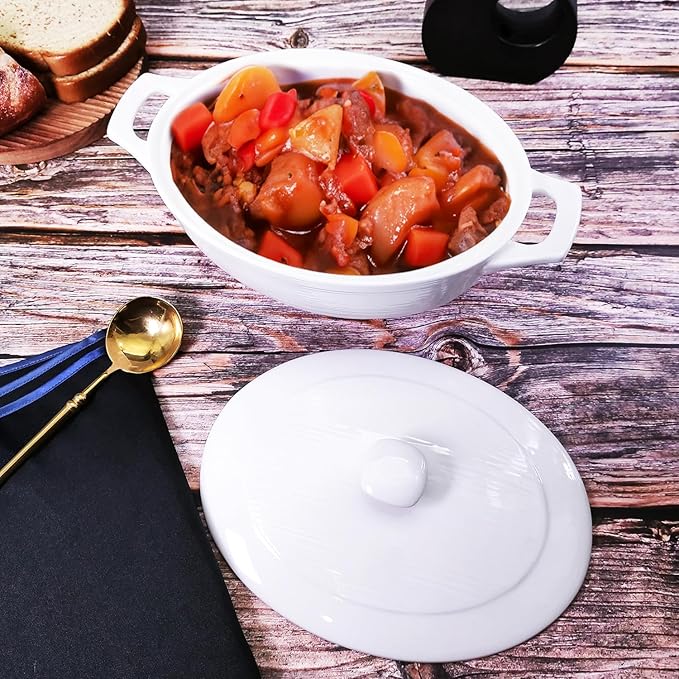9" x 6.5" Oval Casserole Dish with Lids,1.9 Quart French White Ceramic Serving Soup Tureens, Baking Dish with Handle 12.1 IN, for Casseroles, Lasagna Cookware Set, Microwave, Oven Safe