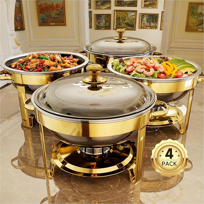 Chafing Dishes for Buffet, 4 Pack 5QT Round Stainless Steel Chafing Dish Set for Home Parties, Christmas Gatherings, Catering Events Complete Buffet Warmer Set (Golden 4)