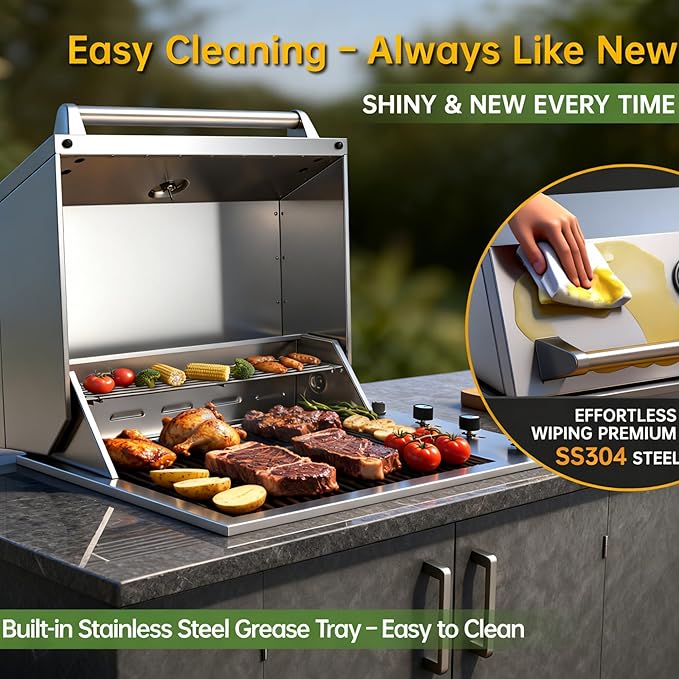 34-Inch Premium Built-In Liquid Propane Griddle for Outdoor Kitchen, 3-Burner Heavy Duty Stainless Steel Flat Top Grill with Lid, 48,000 BTUs, Large Cooking Area for BBQ Island, Outdoor Cooking,Silver