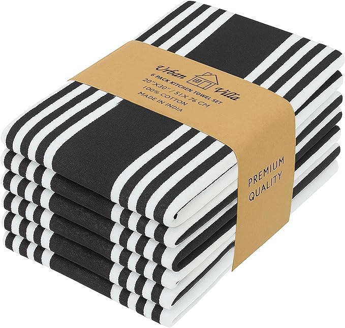 Urban Villa Kitchen Towels 100% Cotton Pack of 6, Highly Absorbent Quick Drying Super Soft Premium Dish Towels for Kitchen with Hanging Loop Hand & Tea Towels - 20x30 Inch, (Black & White, Striped)