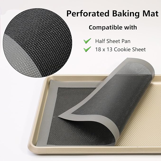 AMYONE Perforated Silicone Baking Mats, 2 PCS Gray Mesh Baking Mats for Half Sheet, Non-Stick Reusable Eclair Oven Liners for Homemade Bread/Pizza/Sugar Cookie 11 5/8" x 16 1/2", Deep Space Grey