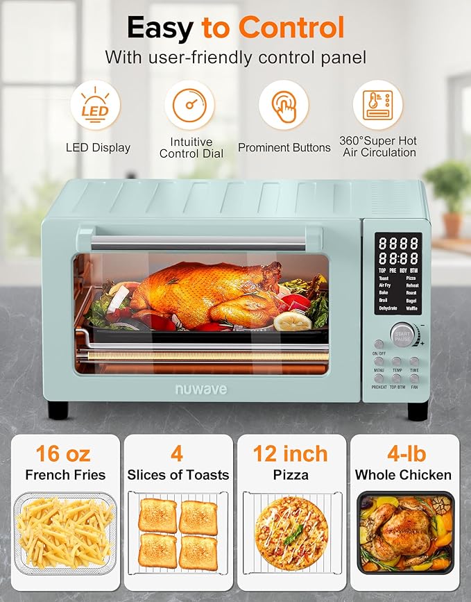 Nuwave Bravo Pro Smart Air Fryer Toaster Oven Combo, Airfryer Convection Oven Countertop, 12-in-1 Functions with Quicker & Even Crisp Technology, 1800W, 50-450°F, PFAS-Free, 21QT, Mint