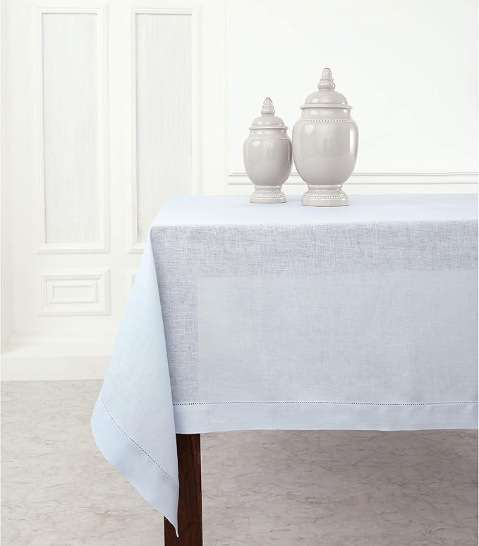 Solino Home Linen Tablecloth 60 x 108 Inch - Classic Hemstitch 100% Pure Linen Light Blue Table Cloth for Rectangle Tables - Machine Washable Tablecloth for Summer