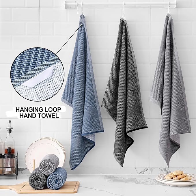 Homaxy Premium Kitchen Towels(18”x 28”, 6 Pack), Large Cotton Kitchen Hand Towels, Flat and Terry Dish Towels, 380 GSM Highly Absorbent Tea Towel Set with Hanging Loop, Navy Blue/Grey/Black