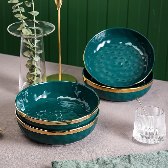 Stone Lain Florian 4-Piece Round Pasta Bowl Set, Green with Gold Rim