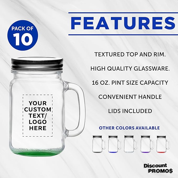 DISCOUNT PROMOS Custom Libbey Handle Mason Jars w/Lids 16 oz. Set of 10, Personalized Bulk Pack - Traditional style, High standard - Green