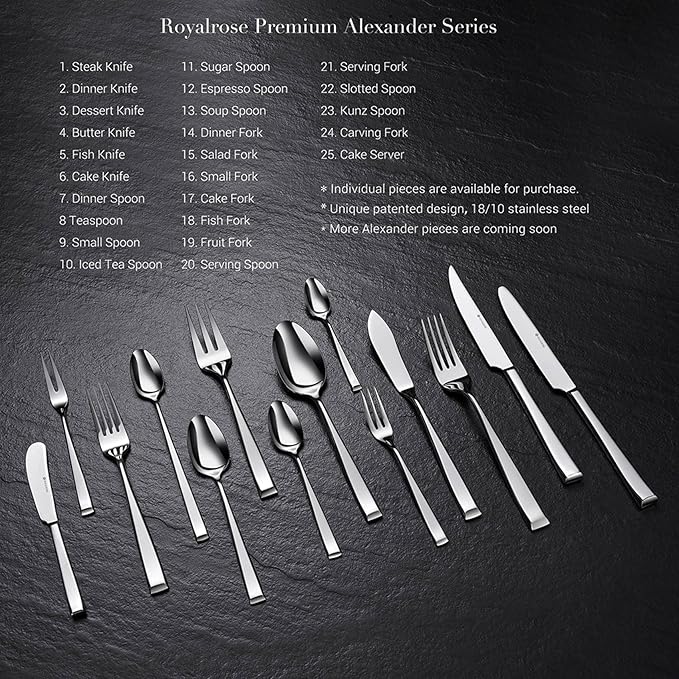 20-Piece Alexander Fine Silverware Set, Service for 4, 18/10 Stainless Steel, Well Made, Dishwasher Safe, Heavy Duty Flatware Set