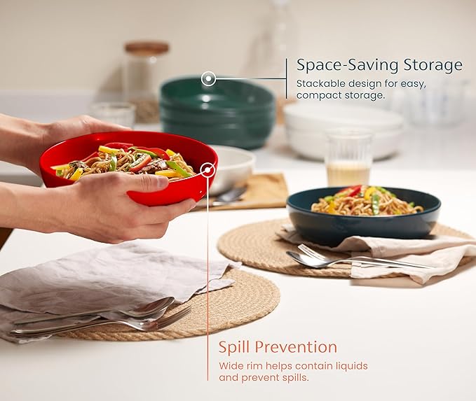 KooK Pasta Bowl, Salad Bowls, Soup, Serving Bowls, Ceramic, Large Capacity, Microwave & Dishwasher Safe, Set of 4, 40 Oz,(Hunter Green)