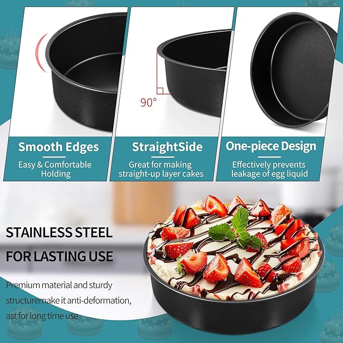 P&P CHEF Non-stick Cake Pan Set of 4, 4/6/8/9.5 Inch Round Baking Cake Pans Tins for Tier Smash Cakes, Non-Toxic & Solid, Stainless Steel Core & Leak-Proof, 4Pcs