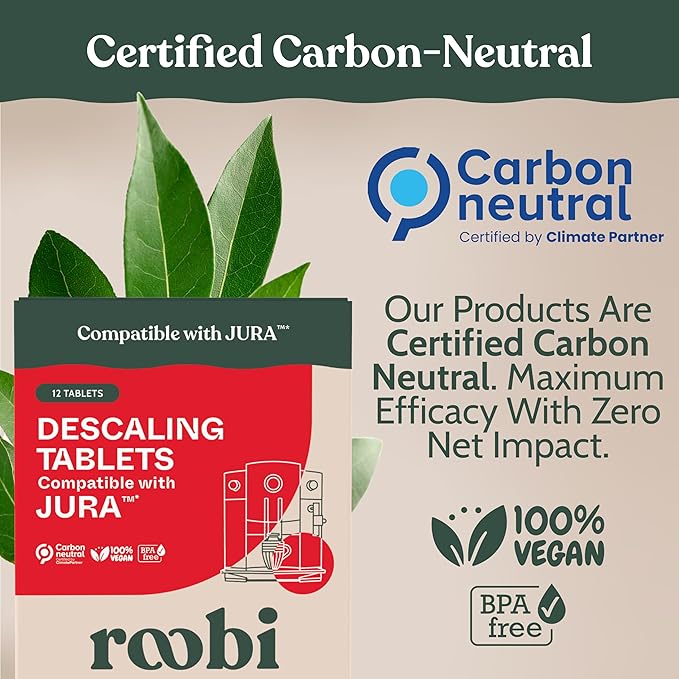 Roobi Jura Compatible Descaling Tablets. 12 Jura Descaling Tablets for Automatic Espresso Coffee Machines. 100% Vegan, Carbon Neutral.
