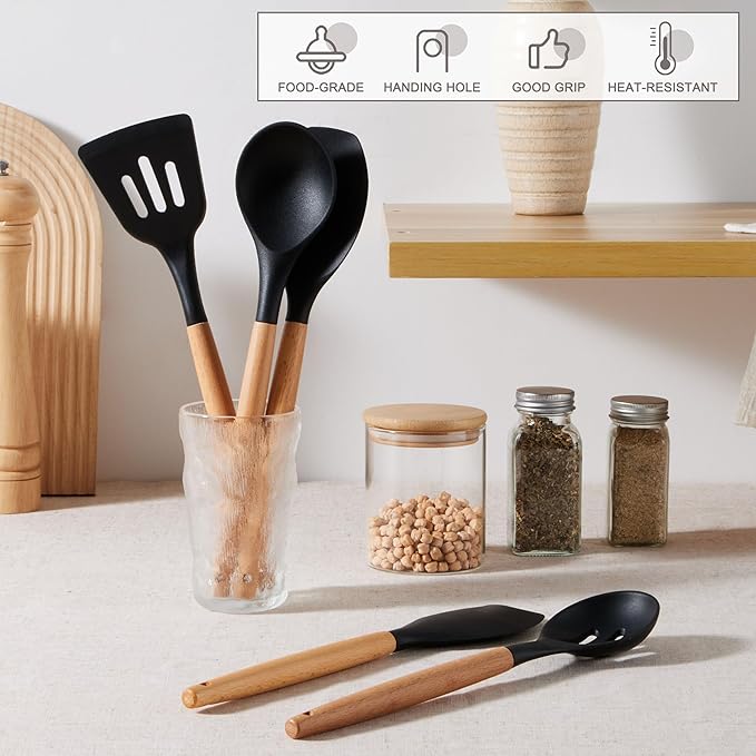 E-far Silicone Cooking Utensils Set, 10-Piece Black Kitchen Utensils Set with Wooden Handle for Nonstick Cookware, Heat Resistant Kitchen Nonstick Tools Spatula Whisk Tongs Ladle, Non-toxic & Healthy