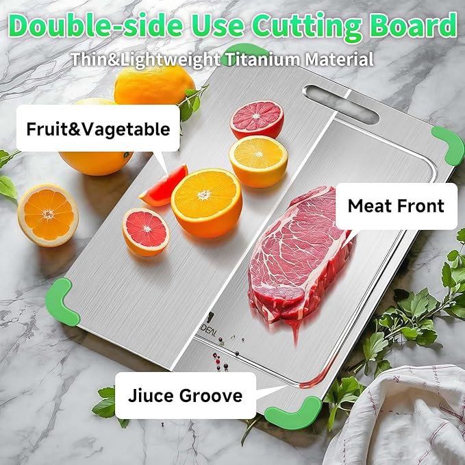 100% Pure Titanium Cutting Board with Grooves, Update Double Side Titanium Chopping Board, Silicone Anti-slip Stainless Cutting Boards for Kitchen 8 * 12 IN, Green