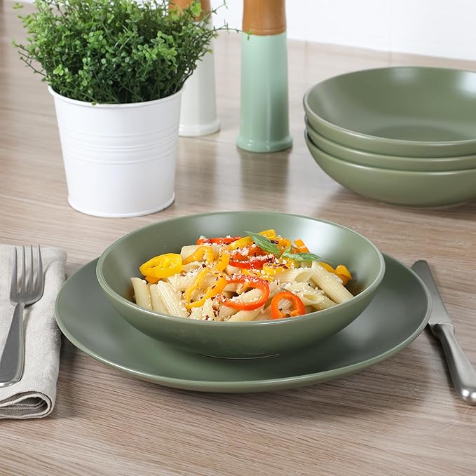 Gibson Home Queenslane 16-Piece Matte Green Stoneware Dinnerware Set – Double Bowl Plates and Bowls, Durable Kitchen Dinner Set