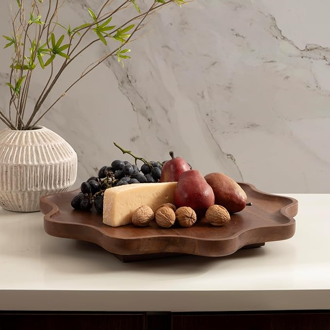 Kate and Laurel Alezar Mango Wood Wavy Round Lazy Susan Tray, 18 Inch Diameter, Walnut Brown, Scalloped Wooden Countertop Organizer with Turning Lazy Susan for Kitchen Storage or Ottoman Tray