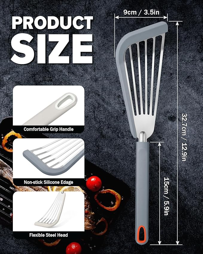 Silicone Fish Spatula Turner Set of 2, Thin Slotted Spatulas Turner for Nonstick Cookware,Heat Resistant Flexible Stainless Steel Kitchen Cooking Spatula Flipper for Fish, Egg, Pancake (KG)