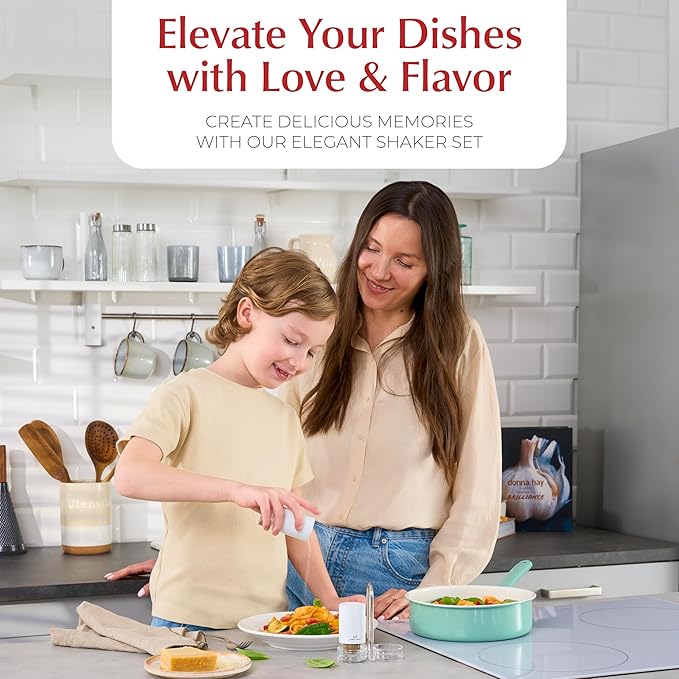 White Salt and Pepper Shakers with Holder - Elegant Stainless Steel Salt Shaker and Pepper Shaker Set with Acrylic Holder for Kitchen Counter or Restaurant Table