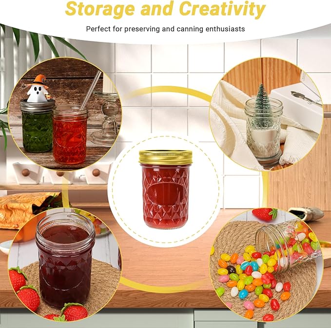 8 oz Glass Mason Jars, 24 Pack Regular Mouth Glass Canning Jars with Silver and Gold Aluminum Lids and Bands, Airtight Jam Jars for Food Storage, Pickling, Fermenting, Honey, DIY Candles Decor