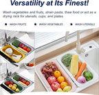 Extendable Sink Colander Strainer Basket - Wash Vegetables and Fruits, Drain Cooked Pasta and Dry Dishes - Adjustable Over the Sink Colander Collapsible Drainer Basket - White
