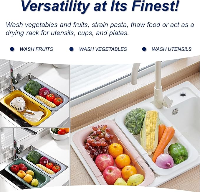 Extendable Sink Colander Strainer Basket - Wash Vegetables and Fruits, Drain Cooked Pasta and Dry Dishes - Adjustable Over the Sink Colander Collapsible Drainer Basket - White