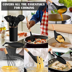 E-far Black Kitchen Utensils Set with Holder, 25-Piece Silicone Cooking Utensil Set with Wooden Handle for Nonstick Cookware, 446°F Heat Resistant Kitchen Tool Spatula Tongs Whisk, Non-toxic & Healthy