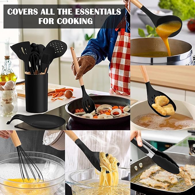 E-far Black Kitchen Utensils Set with Holder, 25-Piece Silicone Cooking Utensil Set with Wooden Handle for Nonstick Cookware, 446°F Heat Resistant Kitchen Tool Spatula Tongs Whisk, Non-toxic & Healthy