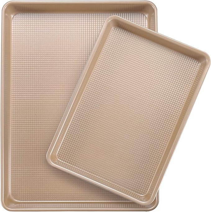Cookie Sheets for Baking Nonstick, 2 Pack Heavy Duty 0.8mm Baking Sheet Pan Set Quarter(9x13in) & Jelly Roll(10x15in) with Diamond Texture, Gold Commercial Grade, Small Oven Safe
