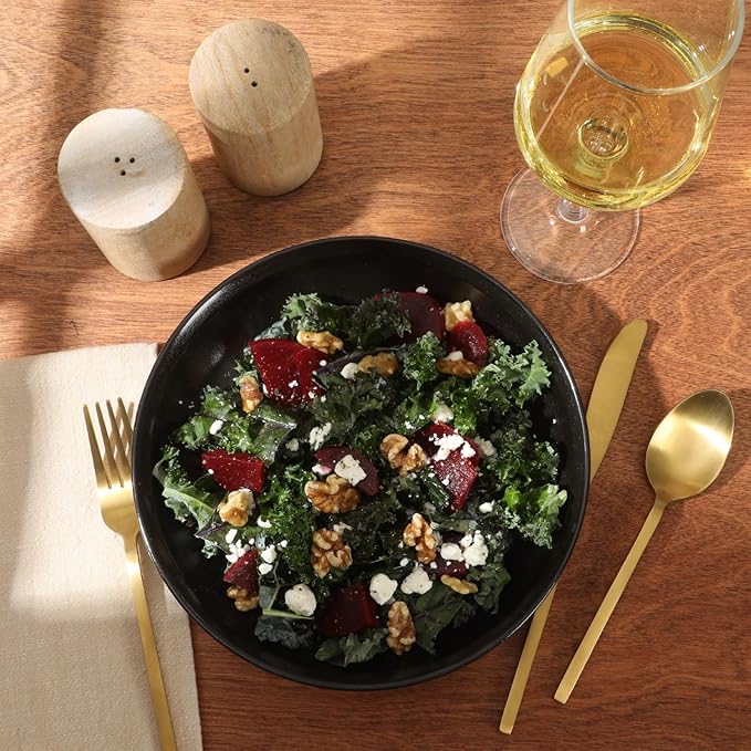 Gibson Elite Beckett 4-Piece 9 Inch Dinner Plate Bowl Set – Reactive Glaze Stoneware – Shallow Pasta Bowls – Round Wide-Rim Design – Microwave & Dishwasher Safe - Black