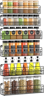 Wall Mounted Spice Rack Organizer, Pantry Door Organizer & Hanging Storage Baskets, Metal Spice Shelf for Kitchen Cabinet, 3 Depth Sizes Hold Large Jars to Nail Polish Bottles, 6 Pack