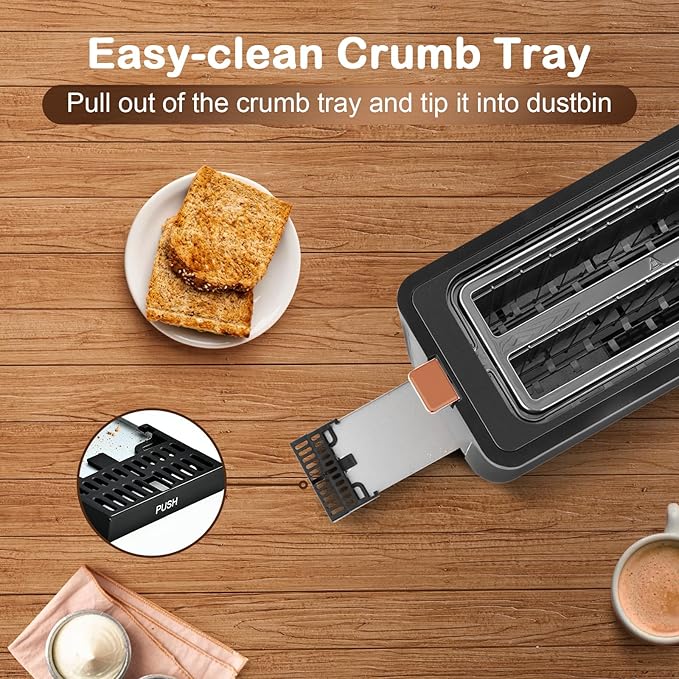 Mecity 4 Slice Toaster, Long Slot Toaster With Warming Rack, Bagel/Defrost/Reheat Functions,Warming Rack, Crumb Tray, 6 Browning Settings, Extra Wide Long Slots, Stainless Steel, 1300W,Grey