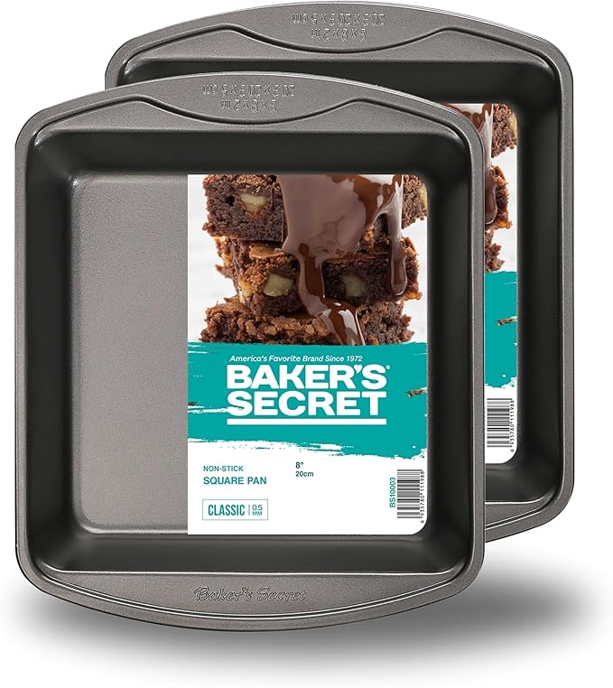 Baker's Secret 2pcs Nonstick Square Cake Pan 8", Premium Food-Grade Coating, Non-stick Square Pan, Carbon Steel- The Classic Collection