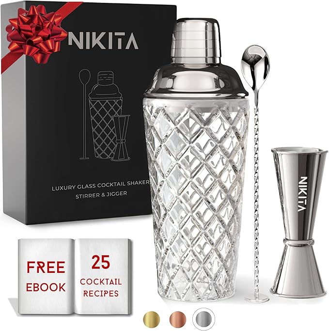 Silver Cocktail Shaker Set - 5 Piece Martini Shaker Set with Strainer, Jigger, Spoon & Muddler - 16oz Glass Cocktail Shaker Set - Ideal Gift for Home Bar & Drink Trolley Décor