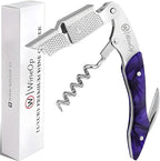 WineOp Professional Wine Opener Luxury Double Hinged Waiter's Corkscrew Wine Bottle Key - Cork screwer for Servers, Bartenders, Sommelier and Home Use | All-In-One Stainless Steel (Purple Resin)