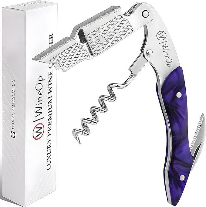 WineOp Professional Wine Opener Luxury Double Hinged Waiter's Corkscrew Wine Bottle Key - Cork screwer for Servers, Bartenders, Sommelier and Home Use | All-In-One Stainless Steel (Purple Resin)