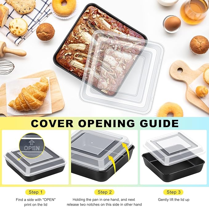P&P CHEF Square Baking Pan with Lid, Nonstick Stainless Steel Square Cake Pan and Plastic Lid, Black Bakeware Tin for Lasagna Brownies, Sturdy & Easy Clean, (8 Inch, 2Pcs)