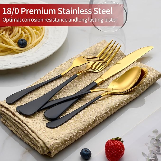 20-Piece Gold Silverware Set 18/0 Stainless Steel Flatware Black Handle Cutlery Set Service for 4 Dinner Knives Forks Spoons Set Mirror Finish Dishwasher Safe