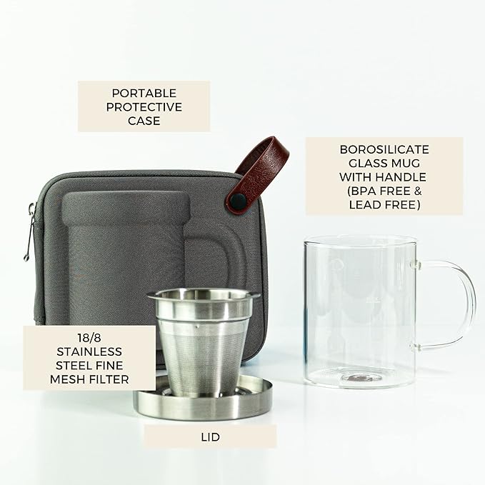 Travel Glass Pour Over Coffee maker Set 4pcs (Gray) | 18/2 Stainless Steel Filter Dripper and Lid | BPA Free Borosilicate Glass Mug | Paperless Drip Coffee Maker Pour Over For Coffee Lovers