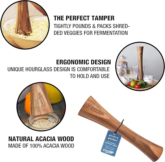 Masontops Pickle Packer - Acacia Wood Vegetable Fermentation Tamper - Cabbage Sauerkraut Pounder - Fermenting Food Tool