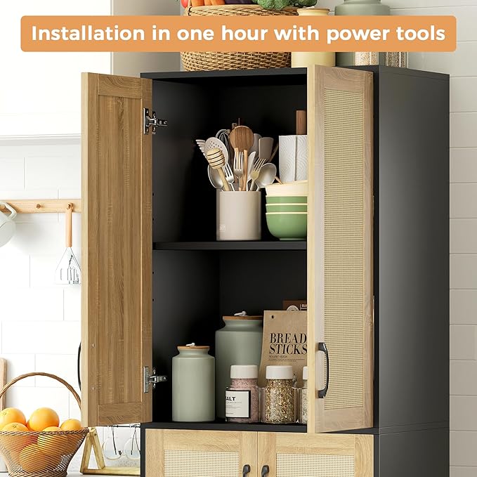 Kitchen Pantry Cabinet, 67" Tall Rattan Storage Cabinet with Doors and Adjustable Shelves, Wooden Linen Pantry Cupboard for Small Spaces Laundry Room Bathroom, Food Snack Towels Storage, Black
