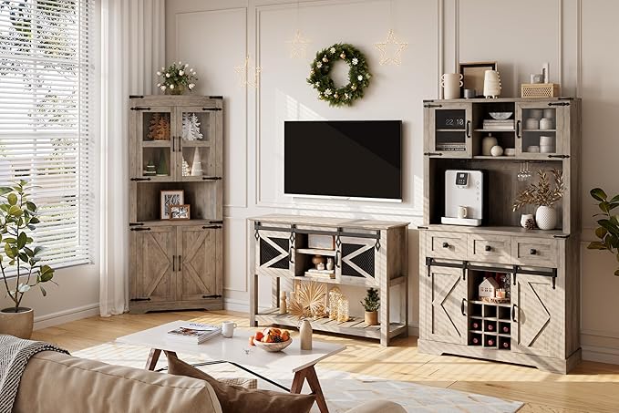 72" Farmhouse Bar Cabinet with Sliding Barn Door, Tall Kitchen Buffet with Storage Hutch and 3 Drawer, Rustic Coffee Wine Bar Sideboard with Wine & Glasses Rack, for Living Room, Washed Grey