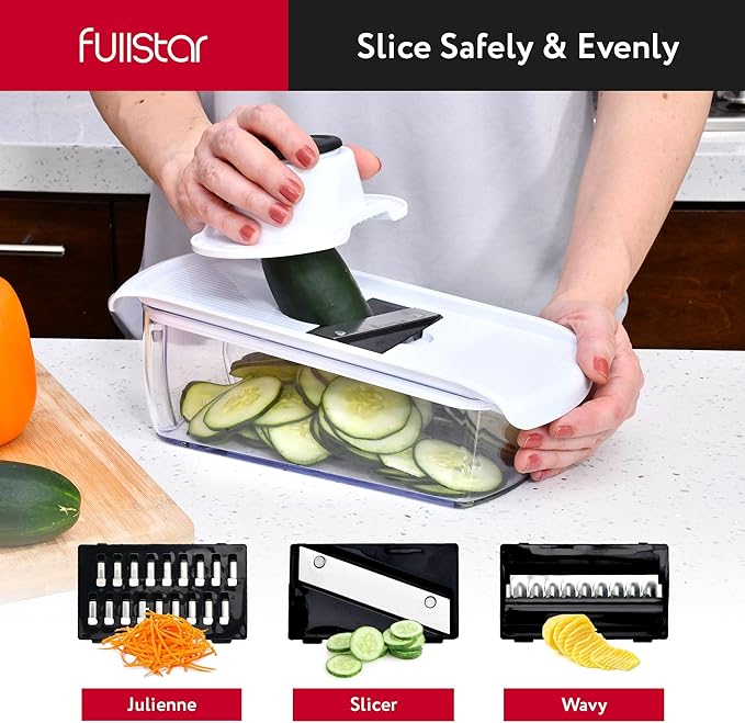 Fullstar Mandoline Slicer for Kitchen - Vegetable Chopper, Onion Potato Food Veggie Fruit Slicer and Cutter with Container, Kitchen Gadgets & Accessories, Home Essentials (All in 1, White)