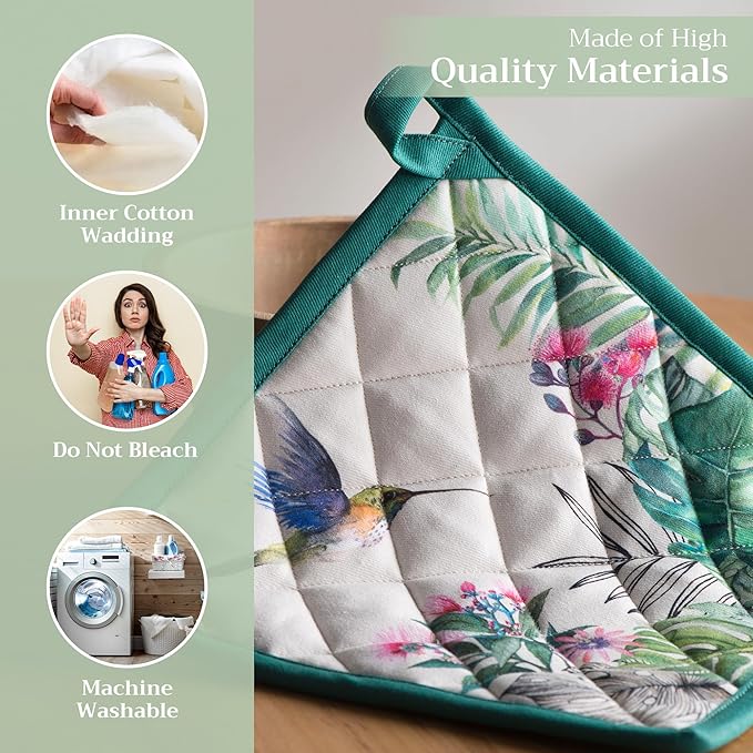 Maison d' Hermine Pot Holders Set 100% Cotton Heat Resistant Potholders 8" x 8" Hot Pads with Loop BBQ, Cooking, Baking, Grilling, Kitchen, Handling Hot Pans Spring/Summer (Pack of 2, Tropiques)