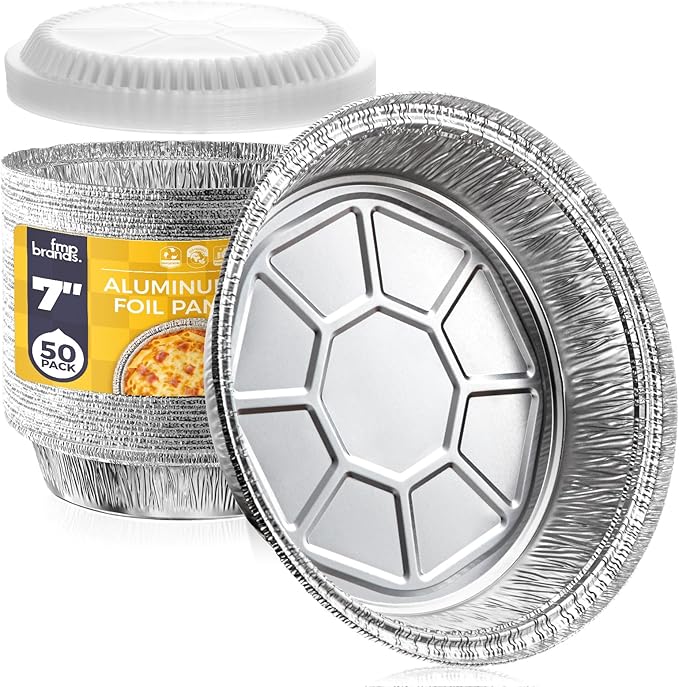 Fit Meal Prep 50 Pack 7" Round Aluminum Foil Pans with Clear Dome Lids, Pie Tins Disposable 7 inch with Lids, Take Out Containers, Freezer Oven Safe Aluminum Baking Pans for Storing, Cooking, Storage