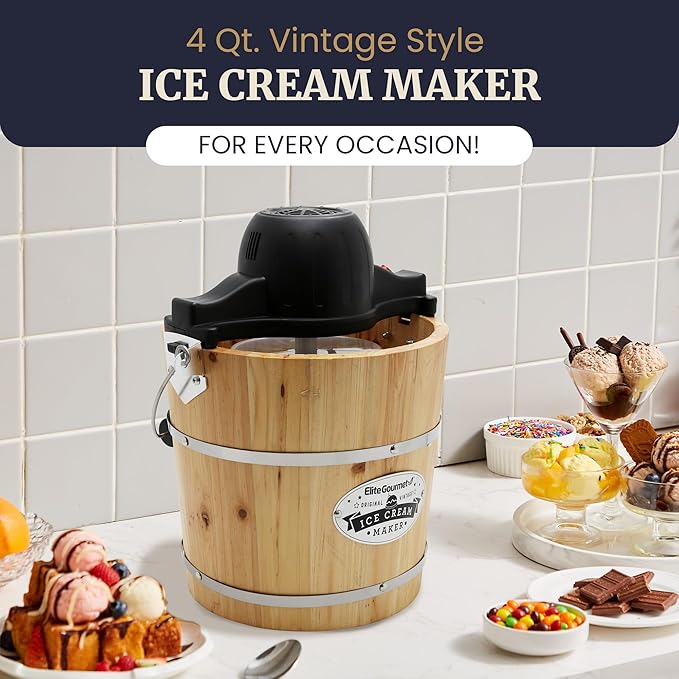 Elite Gourmet Old Fashioned 4 Quart Vintage Wood Bucket Electric Ice Cream Maker Machine Appalachian, *Bonus Classic Die-Cast Hand Crank for Churning, Uses Ice and Rock Salt Churns Ice Cream in Minute