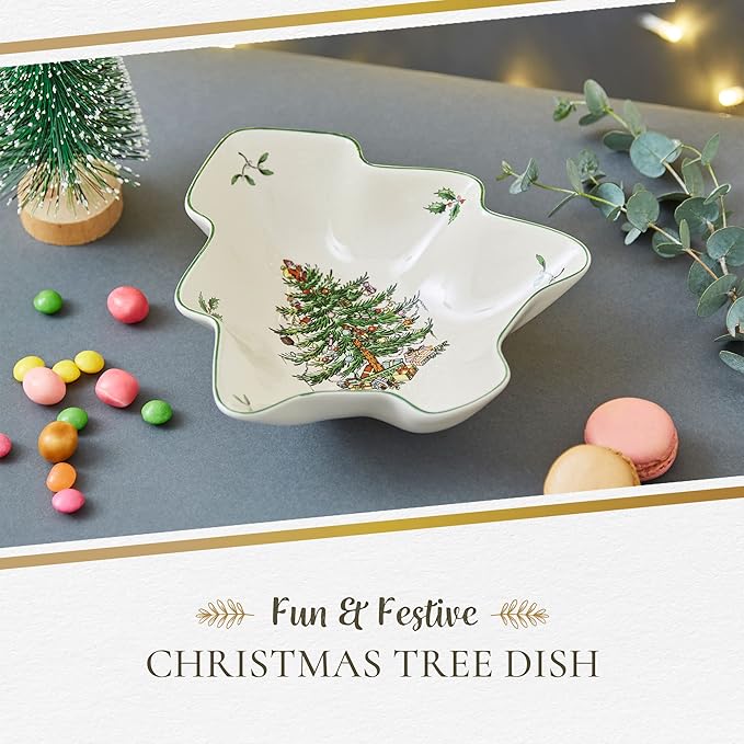 Spode Christmas Tree Serving Dish, 9-inch Tree-Shaped Bowl, Fine Earthenware, Dishwasher Safe, Decorative Christmas Serveware, Festive Tableware, Holiday Entertaining, Christmas Home Décor